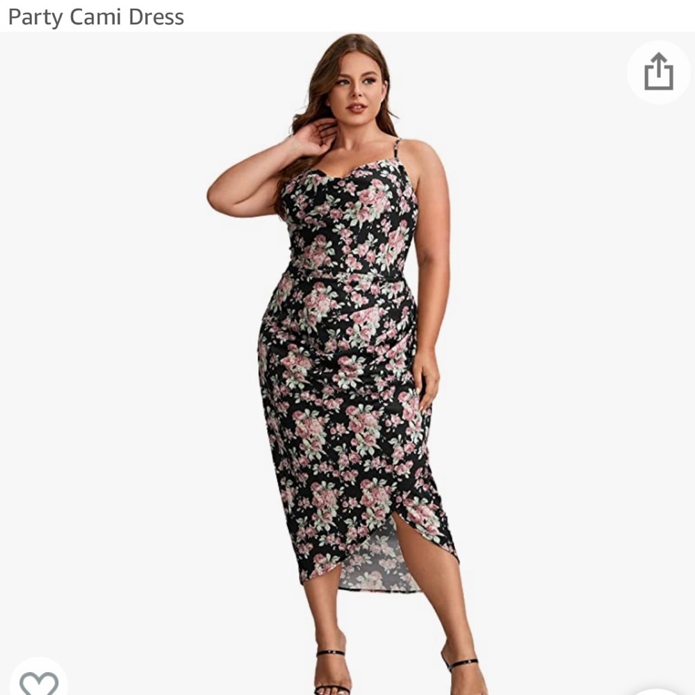 Black ditsy floral wrap silky hug curving Dress